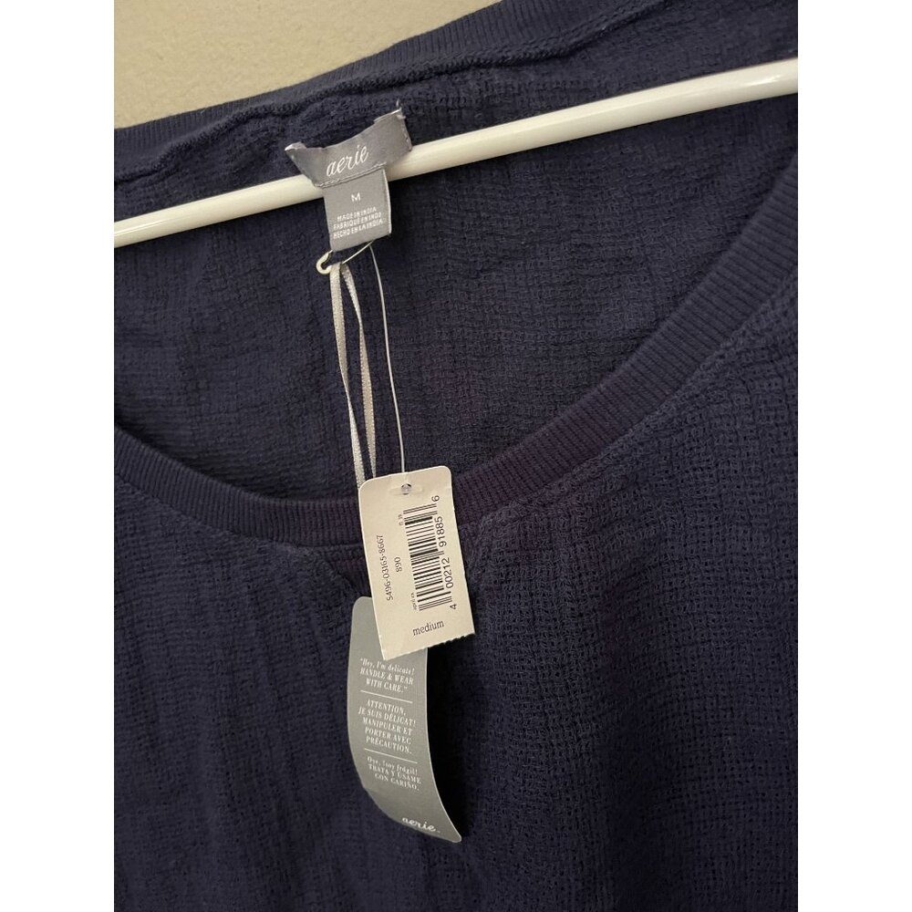 Aerie Women's Top Navy Blue Waffle Knit Short Sleeve Cotton Tee Size M New - Picture 7 of 9